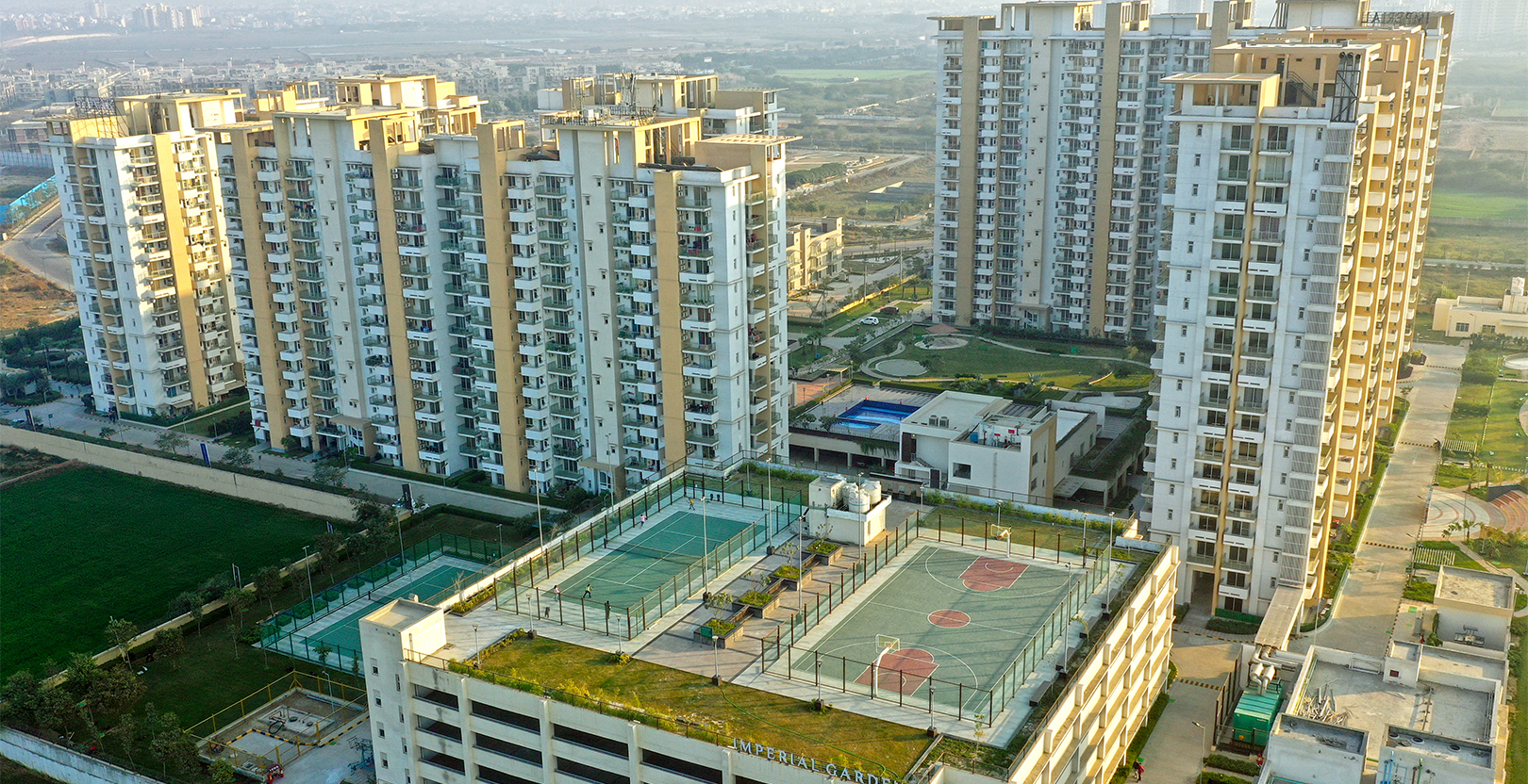 Panoramic aerial view of Emaar Imperial Gardens 12-acre master planned community and towers in Sector 102