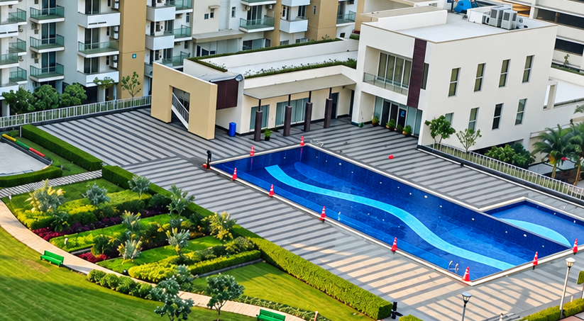 Main swimming pool, kids pool, sun deck and clubhouse at Emaar Imperial Gardens Sector 102