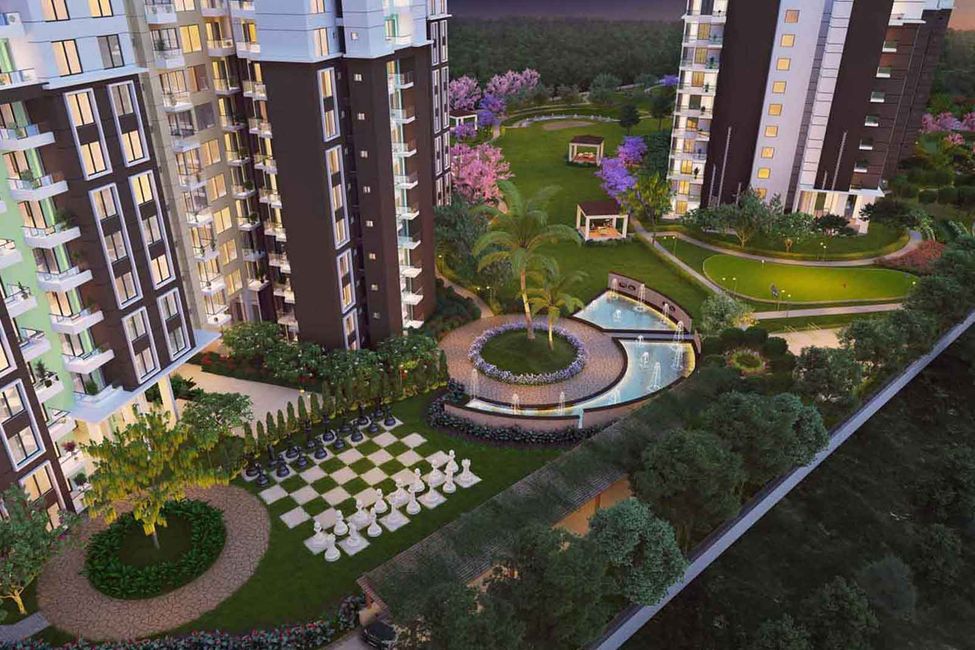 Hero Homes Sector 104 themed gardens with life-size chess, putting green, and water fountains